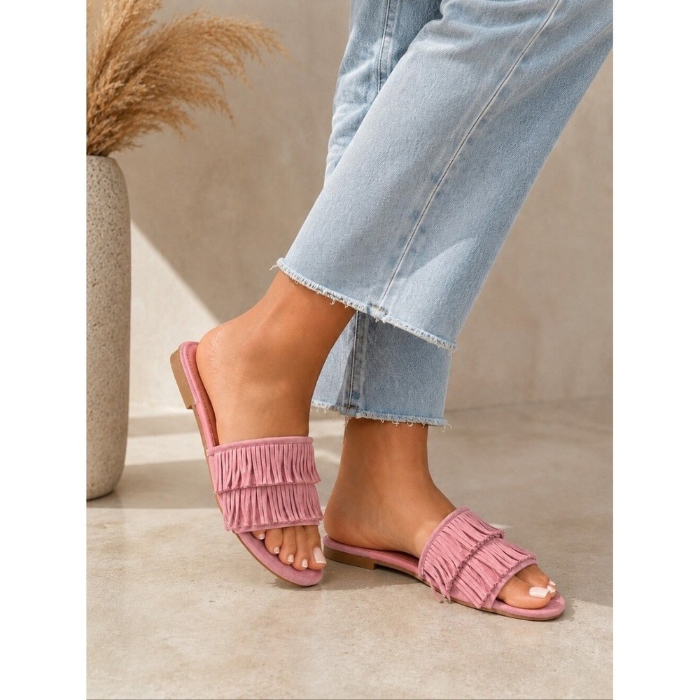 Time‎ and Tru Fringe Faux Microsuede Sandals Size 8 Pink New NWT